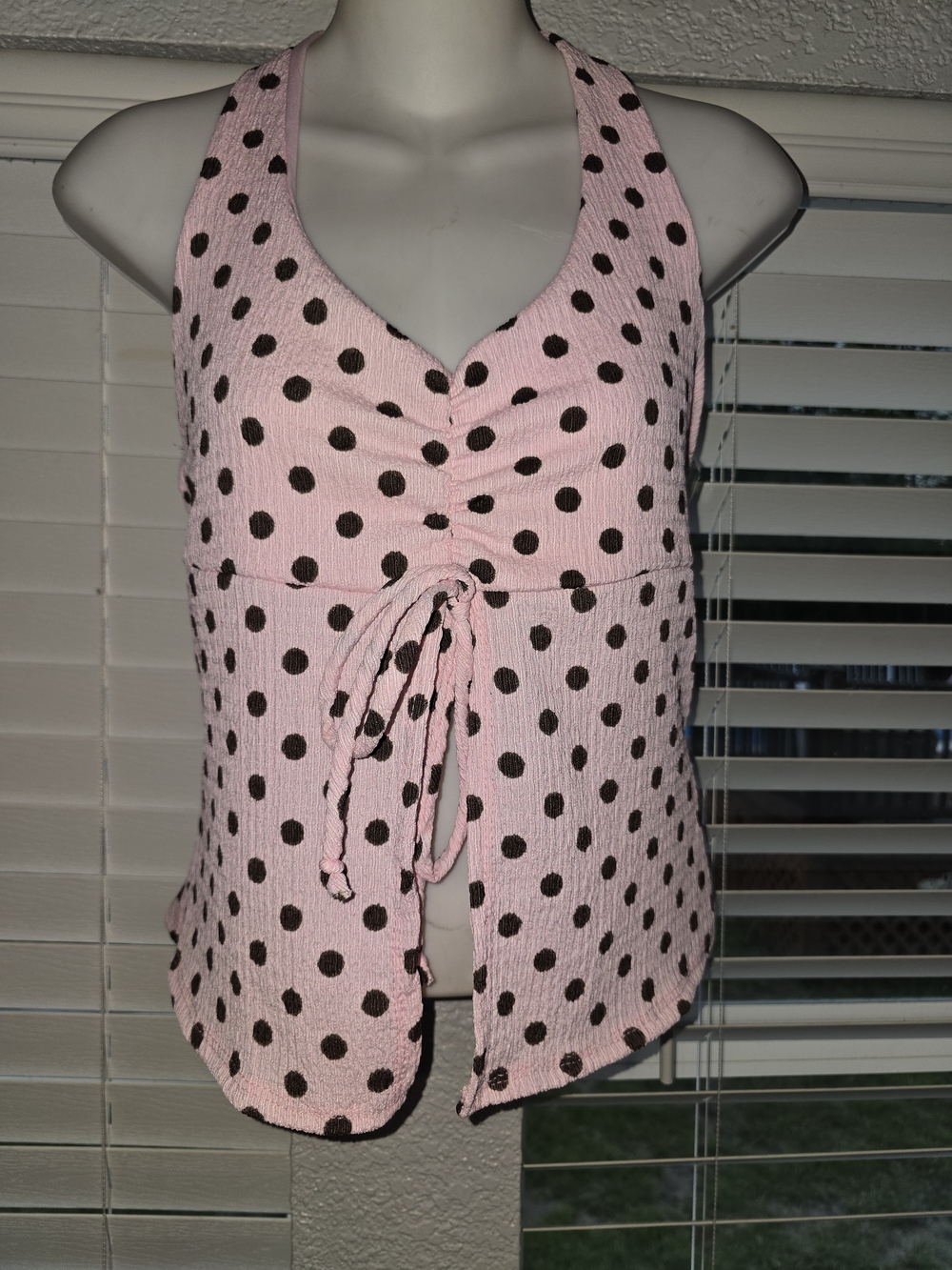 Halter Tie-Front Polka Dot Tank Top — Pink with Brown Dots